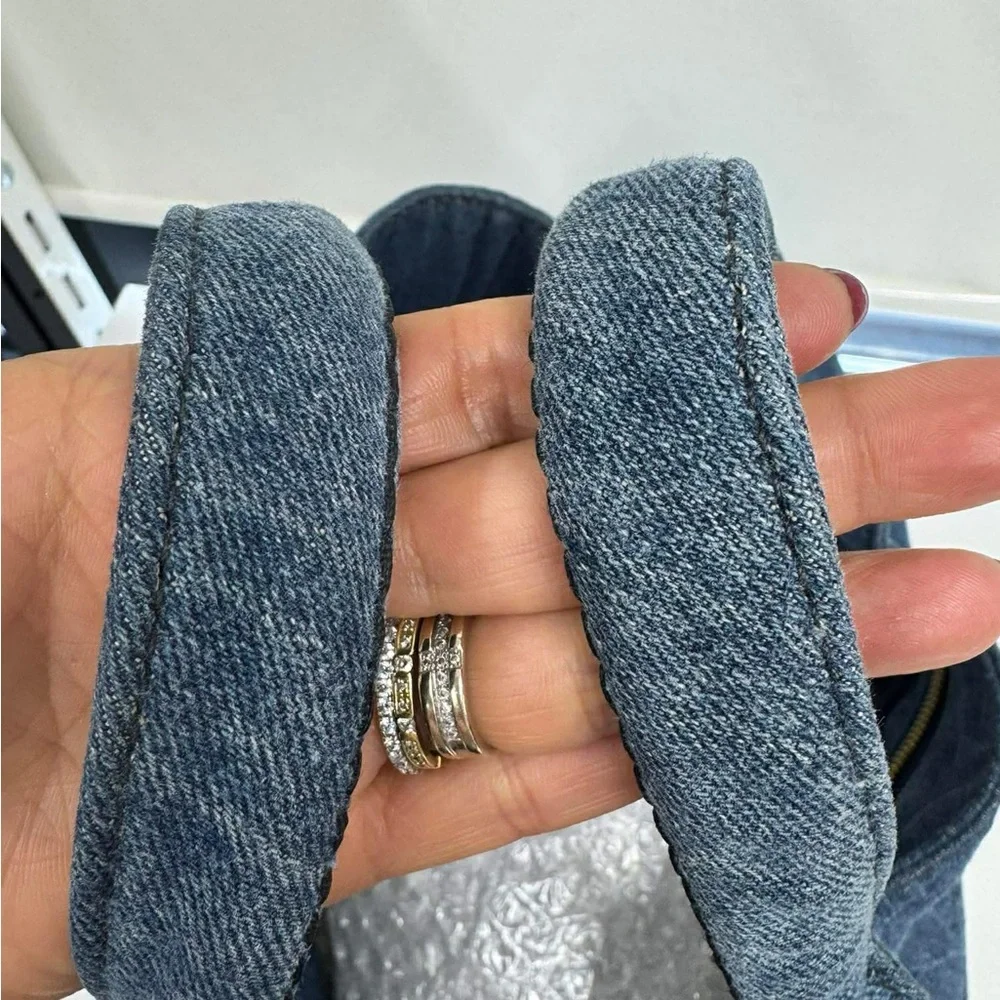 Prada Canapa Denim Tote with Gold Triangle Logo - Indigo Blue Large - Picture 9 of 10